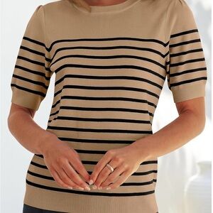 Tan and Black Striped Crew Neck Sweater